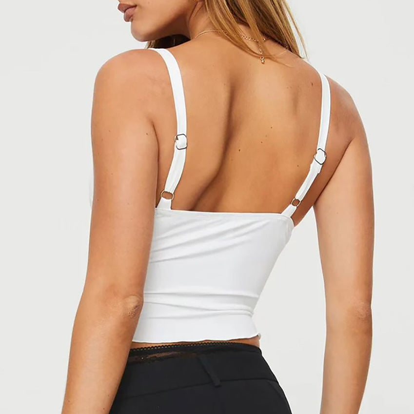 Haut femme à bretelles avec nœud, dos nu, coupe cintrée à la taille, bord ondulé, style bandeau