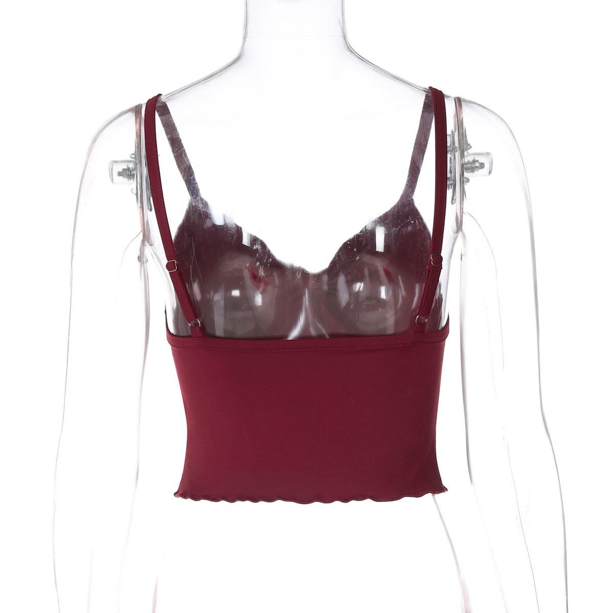 Haut femme à bretelles avec nœud, dos nu, coupe cintrée à la taille, bord ondulé, style bandeau