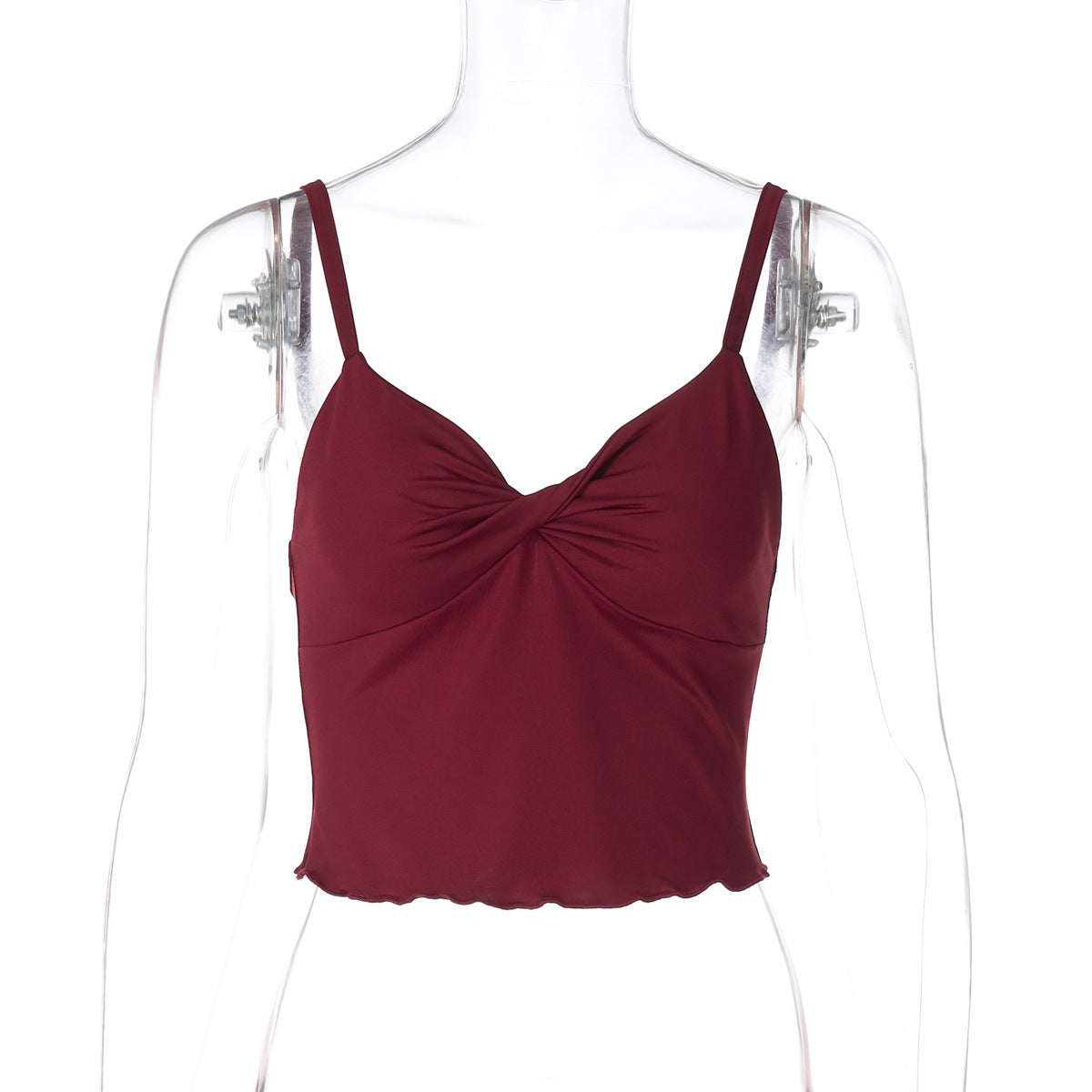 Haut femme à bretelles avec nœud, dos nu, coupe cintrée à la taille, bord ondulé, style bandeau