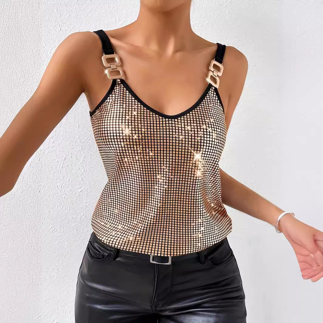 Haut d'été à sequins pour femme, style débardeur à bretelles avec chaîne