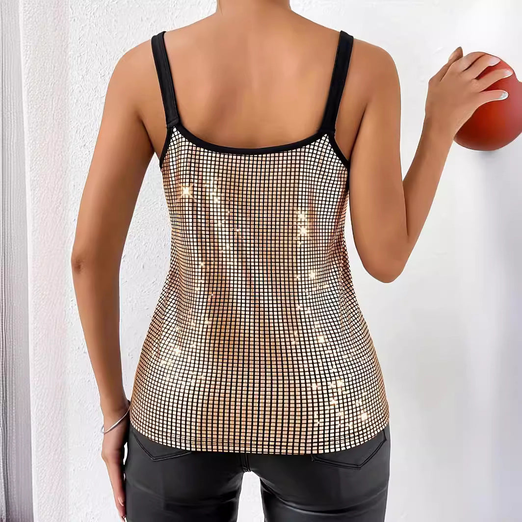 Haut d'été à sequins pour femme, style débardeur à bretelles avec chaîne