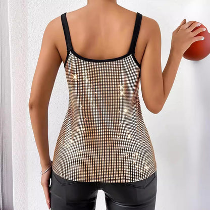 Haut d'été à sequins pour femme, style débardeur à bretelles avec chaîne
