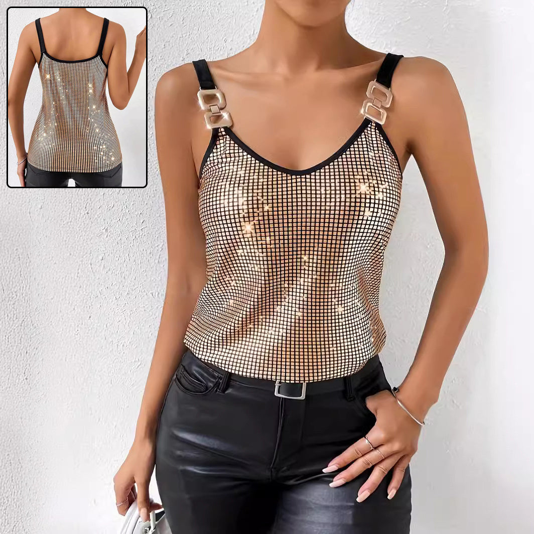 Haut d'été à sequins pour femme, style débardeur à bretelles avec chaîne