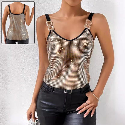 Haut d'été à sequins pour femme, style débardeur à bretelles avec chaîne