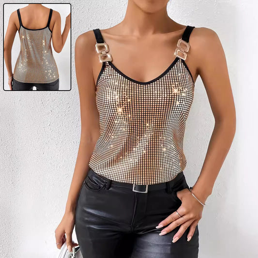 Haut d'été à sequins pour femme, style débardeur à bretelles avec chaîne