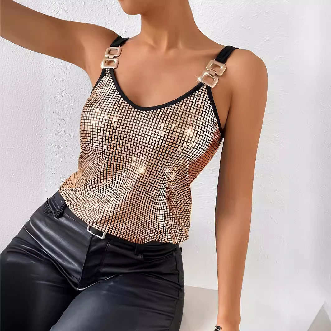 Haut d'été à sequins pour femme, style débardeur à bretelles avec chaîne