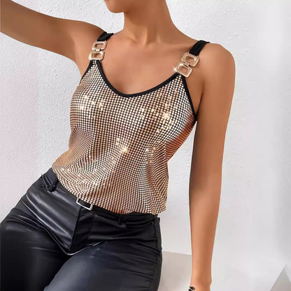 Haut d'été à sequins pour femme, style débardeur à bretelles avec chaîne